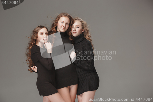 Image of The fashion girls standing together and looking at camera over gray studio background