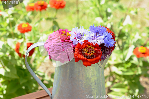 Image of Bouquet of cornflowers and zinnia flowers in a pitcher 