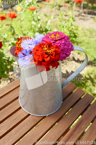 Image of Pitcher filled with fresh flowers on a garden table