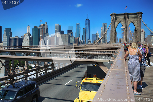 Image of New York, USA – August 23, 2018: People on pedestrian walkway 