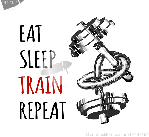 Image of Motivational text for bodybuilding or fitness. Vector illustration with a barbell twisted into a knot on white. Eat sleep train repeat