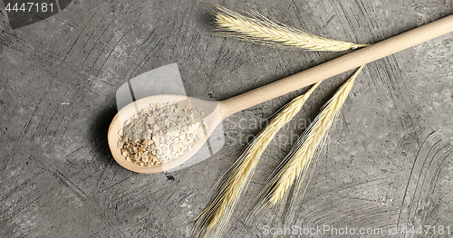 Image of Wooden spoon with oats on table