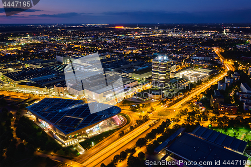 Image of Aerial view of BMW Museum and BWM Welt and factory. Munich, Germany