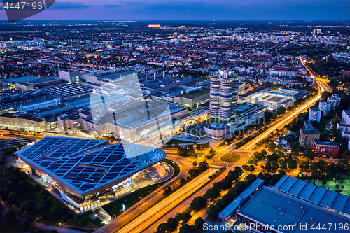 Image of Aerial view of BMW Museum and BWM Welt and factory. Munich, Germany