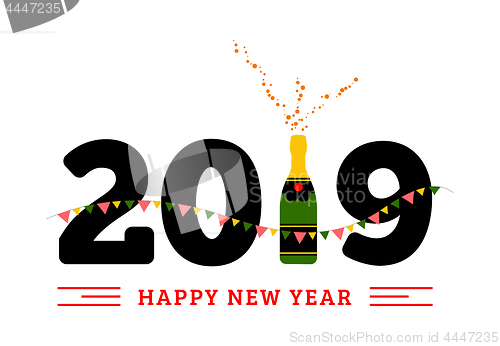 Image of Congratulations to the happy new 2019 year with a bottle of champagne, flags. Vector