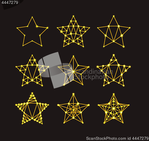 Image of Golden geometric stars in the art deco style, varying degrees of detail. Modern design. illustration