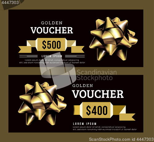Image of Golden gift voucher abstract template. Gold on Black design. Golden ribbon. Vector illustration.