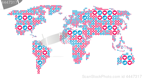 Image of Social media like and heart symbols in the world map form. SEO, SMM concept. Vector illustration