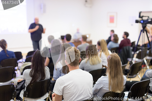 Image of Media interview and round table discussion at popular scientific conference.