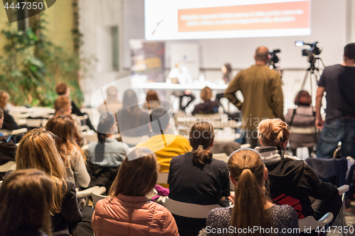 Image of Media interview and round table discussion at popular scientific conference.