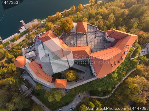 Image of Top down view of medieval castle on Bled lake in Slovenia in autumn.