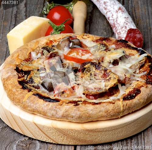 Image of Pizza with Edible Mushrooms and Salami