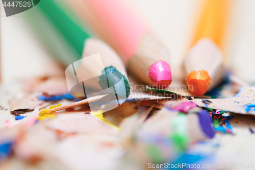 Image of Closeup on sharpened colored pencils with shavings