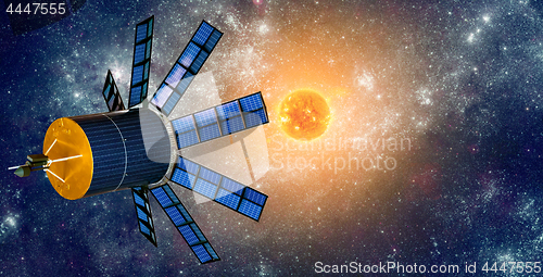 Image of Space satellite orbiting the earth on a background star sun.