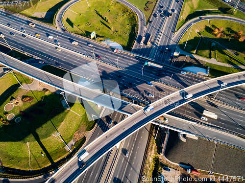 Image of Aerial view of a freeway intersection traffic trails in Moscow.