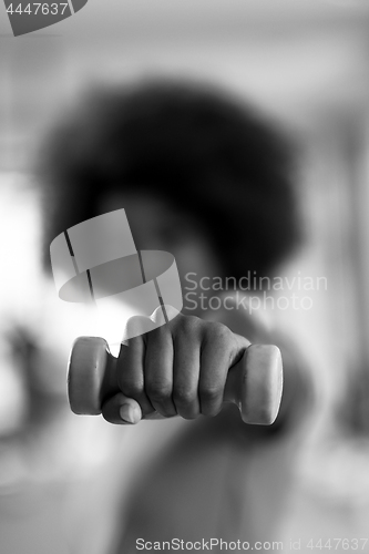 Image of woman working out in a crossfit gym with dumbbells