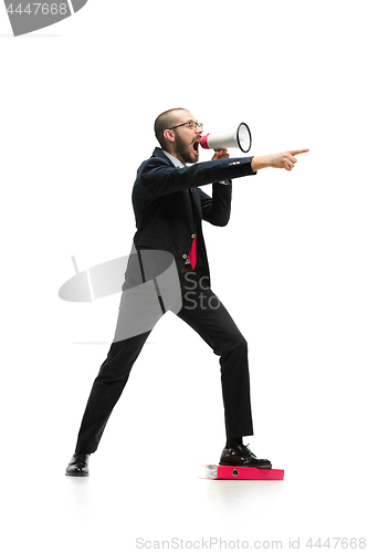 Image of Side view of a man screaming on the megaphone over white background