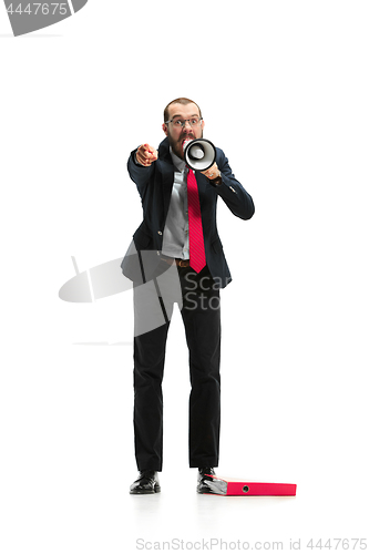 Image of Front view of a man screaming on the megaphone over white background