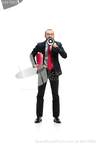 Image of Front view of a man screaming on the megaphone over white background