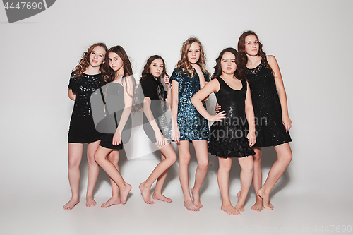 Image of The fashion girls standing together and looking at camera over gray studio background