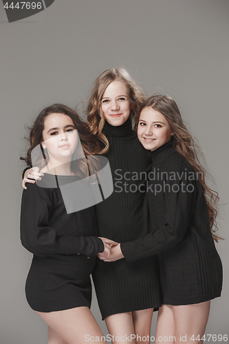 Image of The fashion girls standing together and looking at camera over gray studio background