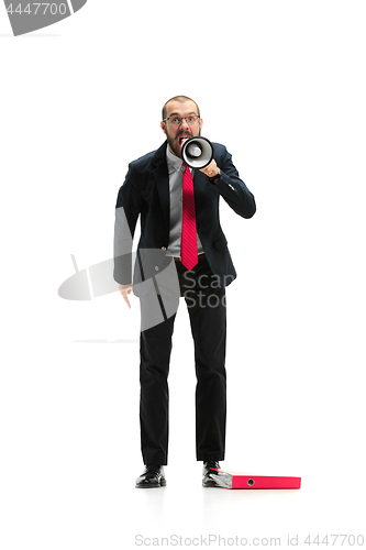 Image of Front view of a man screaming on the megaphone over white background