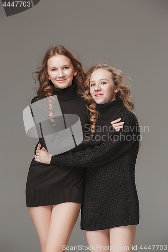 Image of The fashion girls standing together and looking at camera over gray studio background