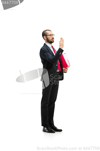 Image of Choose me. Full body view of businessman on white studio background