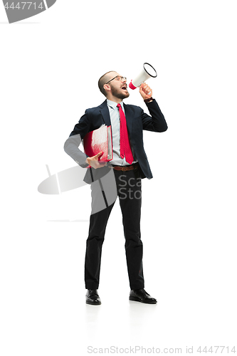 Image of Side view of a man screaming on the megaphone over white background