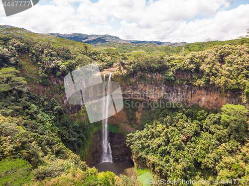 Image of Aerial top view perspective of Chamarel Waterfall in the tropical island jungle of Mauritius.