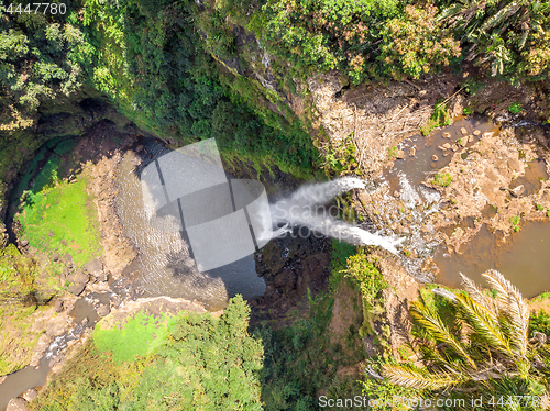 Image of Aerial top view perspective of Chamarel Waterfall in the tropical island jungle of Mauritius.