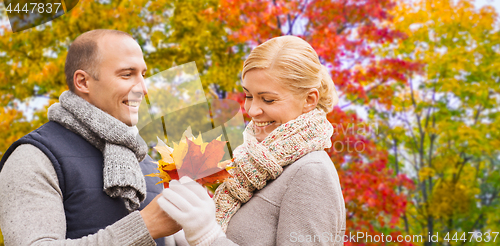 Image of smiling couple with maple leaves in autumn park