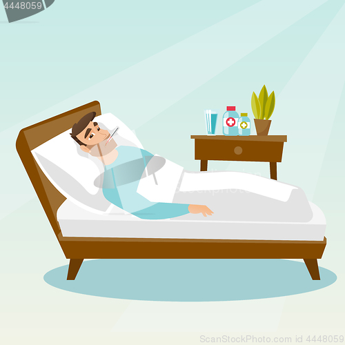 Image of Sick man with thermometer laying in bed.
