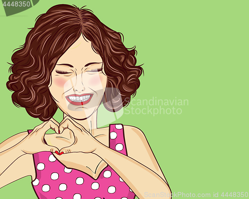 Image of Pop art woman making heart sign with hands. Comic woman . Pin up