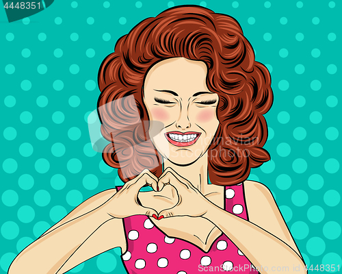 Image of Pop art woman making heart sign with hands. Comic woman . Pin up