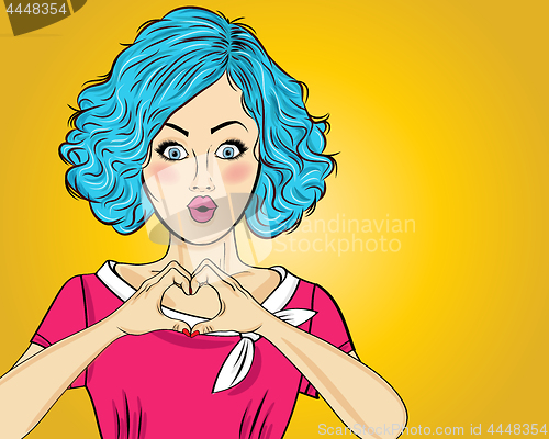 Image of Pop art woman making heart sign with hands. Comic woman . Pin up