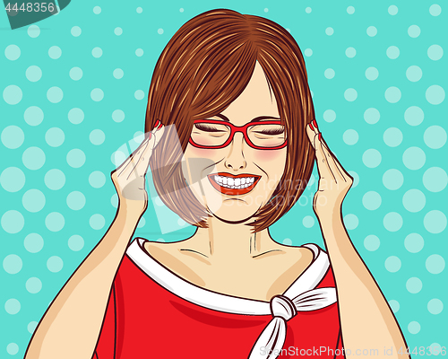 Image of Amused pop art woman  with eyeglasses. Comic woman . Pin up girl