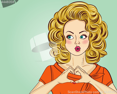 Image of Blonde pop art woman making heart sign with hands. Comic woman .