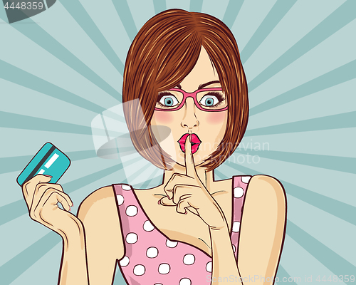 Image of Beautiful woman  in pop art style with credit card showing hand 