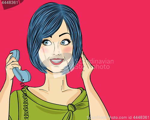 Image of Delightted pop art woman chatting on retro phone. Comic woman . 