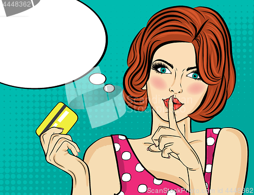 Image of Beautiful woman  in pop art style with credit card showing hand 