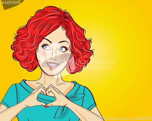 Image of Pop art woman making heart sign with hands. Comic woman . Pin up