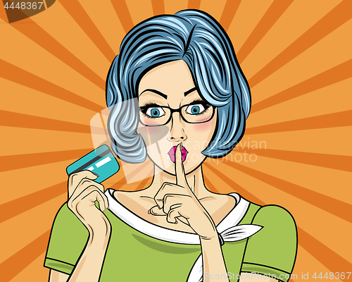 Image of Beautiful woman  in pop art style with credit card showing hand 