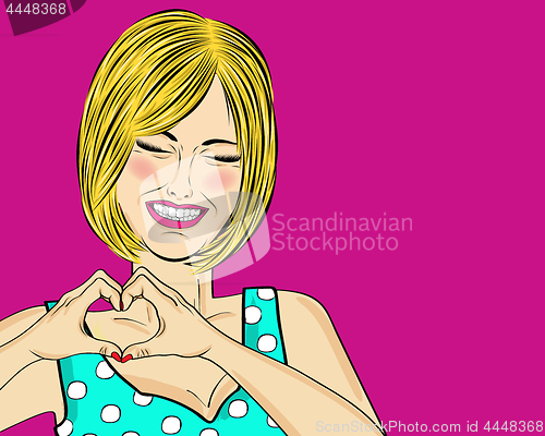 Image of Blonde pop art woman making heart sign with hands. Comic woman .