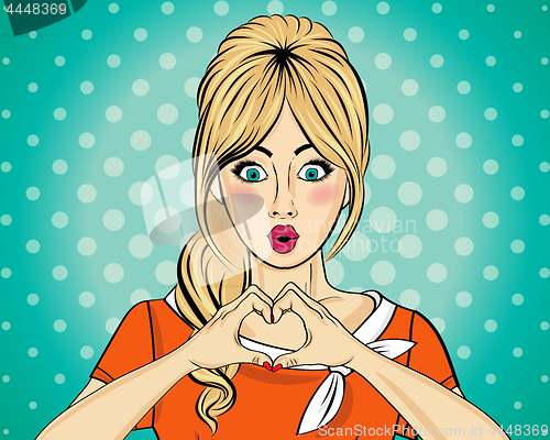 Image of Blonde pop art woman making heart sign with hands. Comic woman .