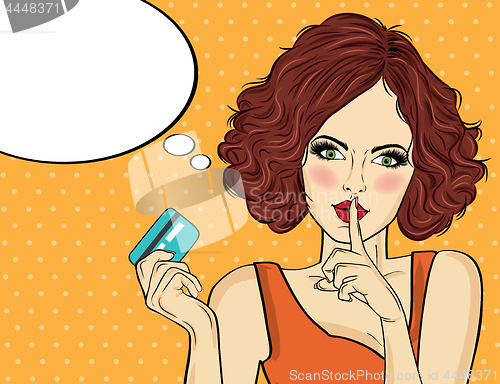 Image of Beautiful woman  in pop art style with credit card showing hand 