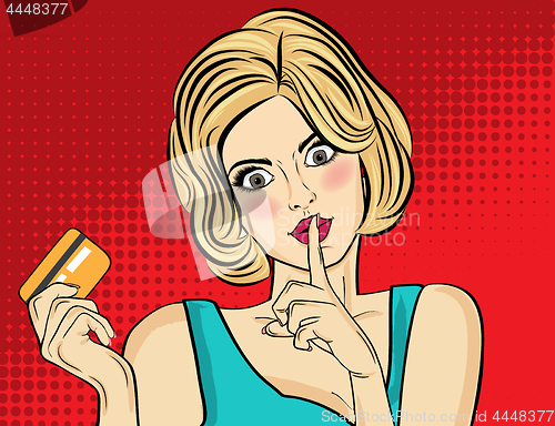 Image of Beautiful woman  in pop art style with credit card showing hand 