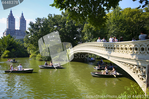 Image of New York, USA – August 24, 2018: View of the Bow Bridge and pe