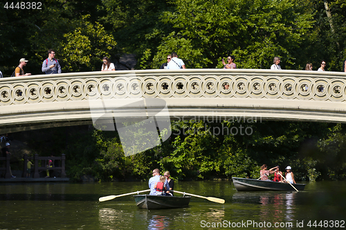 Image of New York, USA – August 24, 2018: View of the Bow Bridge and pe