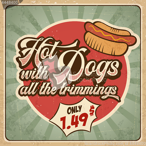 Image of Retro advertising restaurant sign for hot dogs. Vintage poster.